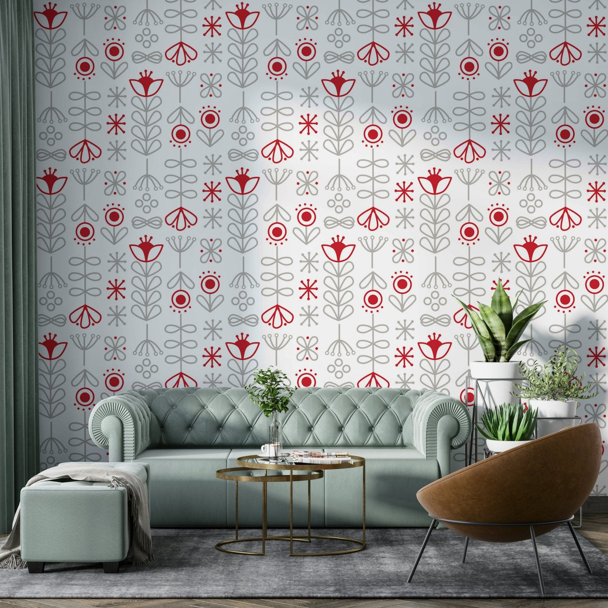 Floral red & grey wallpaper with Scandinavian charm

