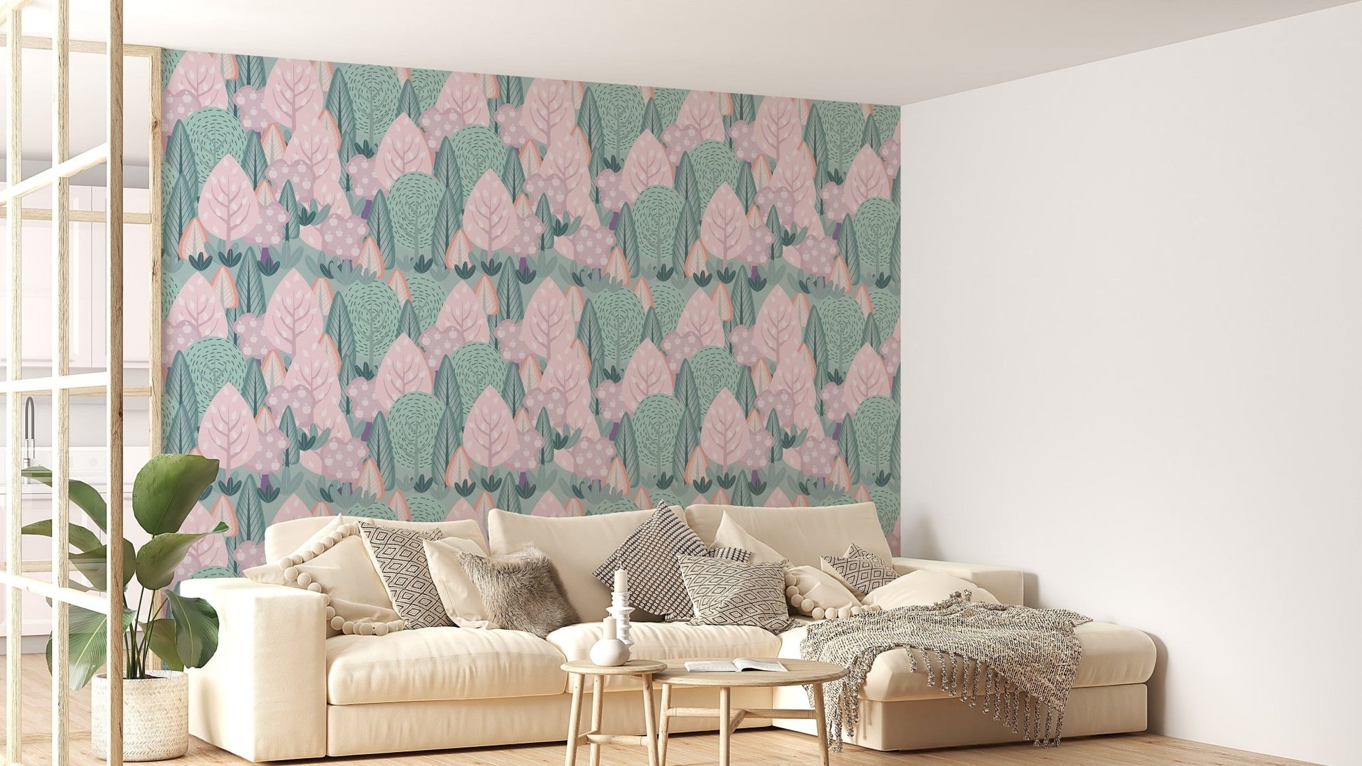 Serene forest-inspired Scandinavian mural
