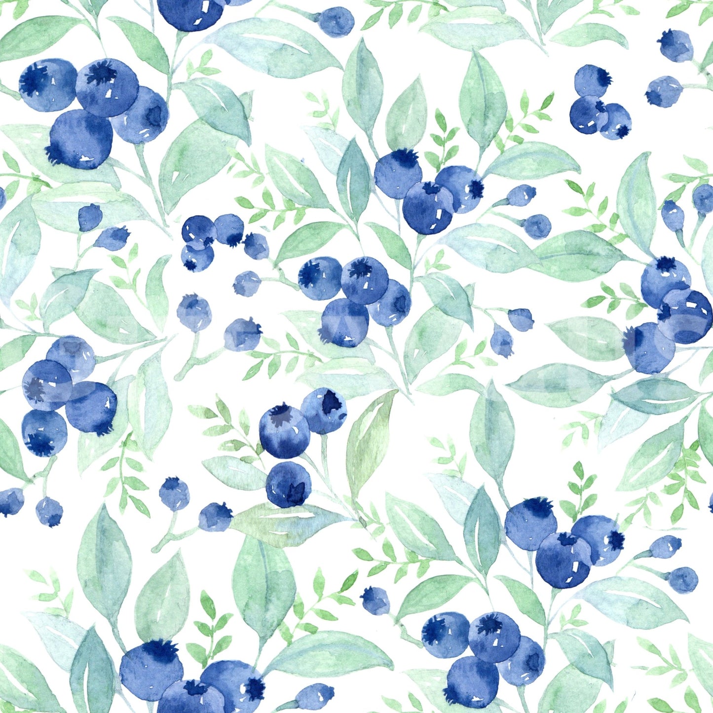 Scandinavian Watercolor Blueberries with Green Forest Leaves Wallpaper⁠