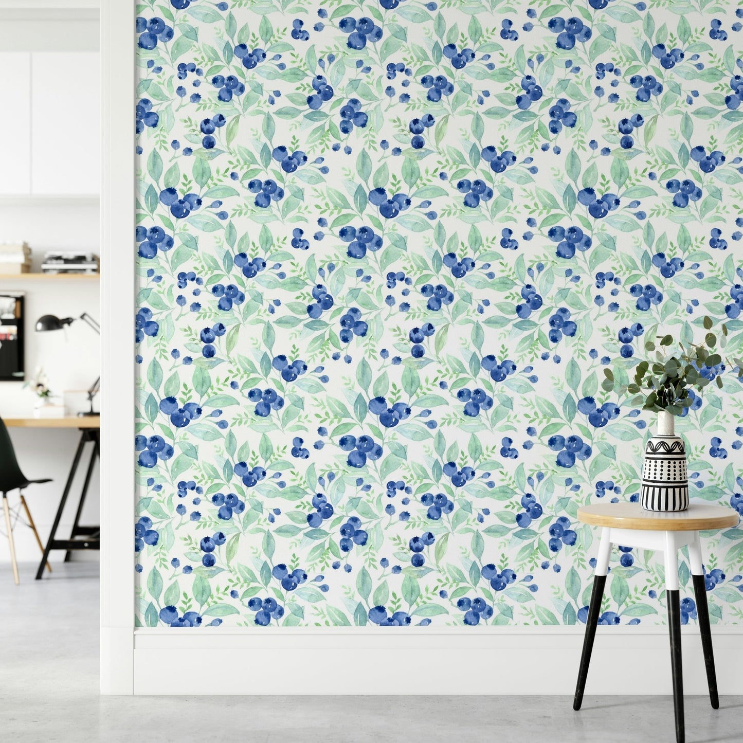 Scandinavian Watercolor Blueberries with Green Forest Leaves Wallpaper⁠