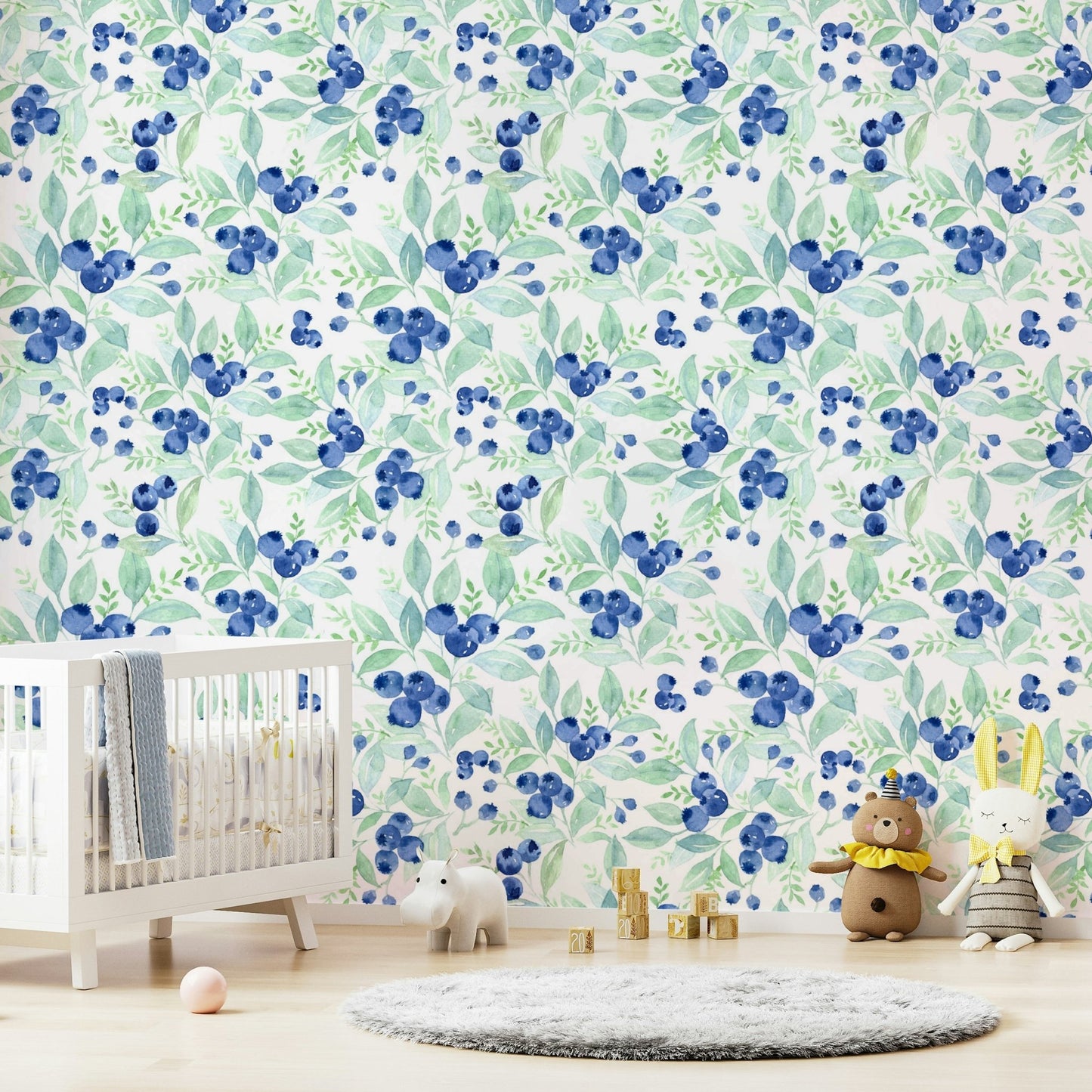 Scandinavian Watercolor Blueberries with Green Forest Leaves Wallpaper⁠