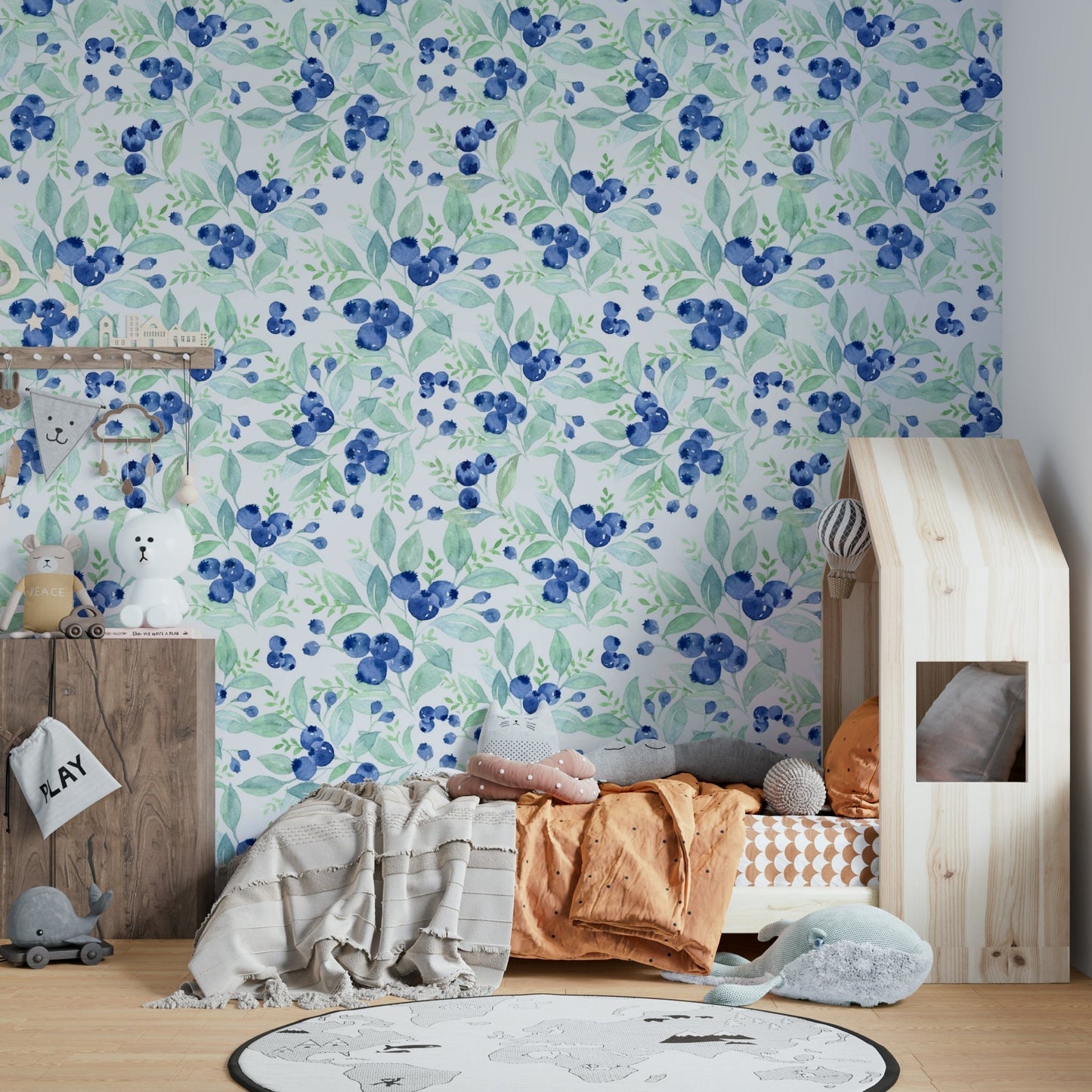 Scandinavian Watercolor Blueberries with Green Forest Leaves Wallpaper⁠