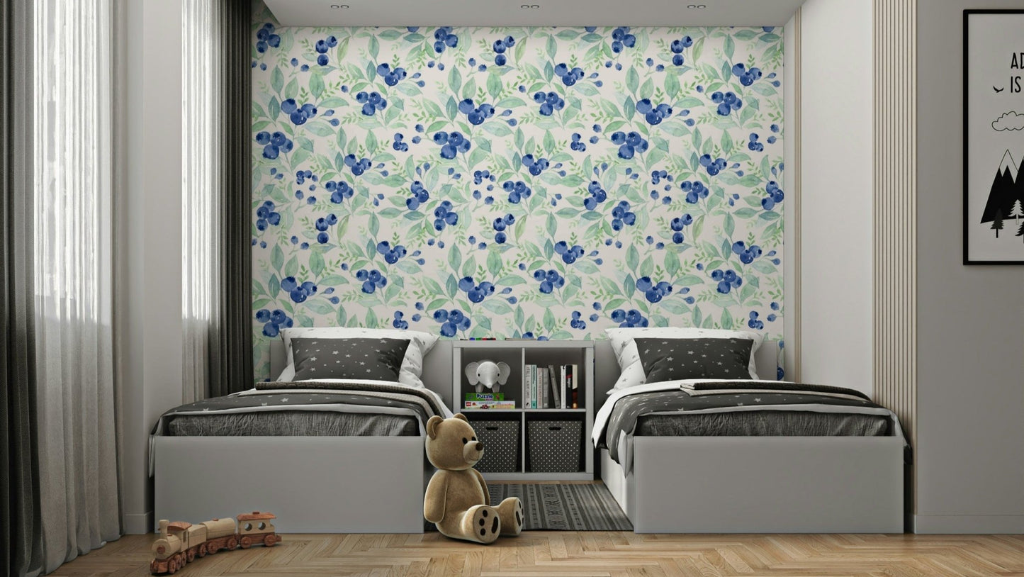 Scandinavian Watercolor Blueberries with Green Forest Leaves Wallpaper⁠