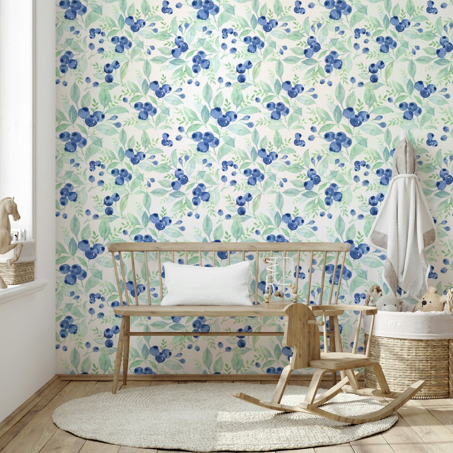 Scandinavian Watercolor Blueberries with Green Forest Leaves Wallpaper⁠