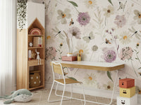 Scandinavian Watercolor Meadow Flowers with Bees and Butterflies Wall Mural