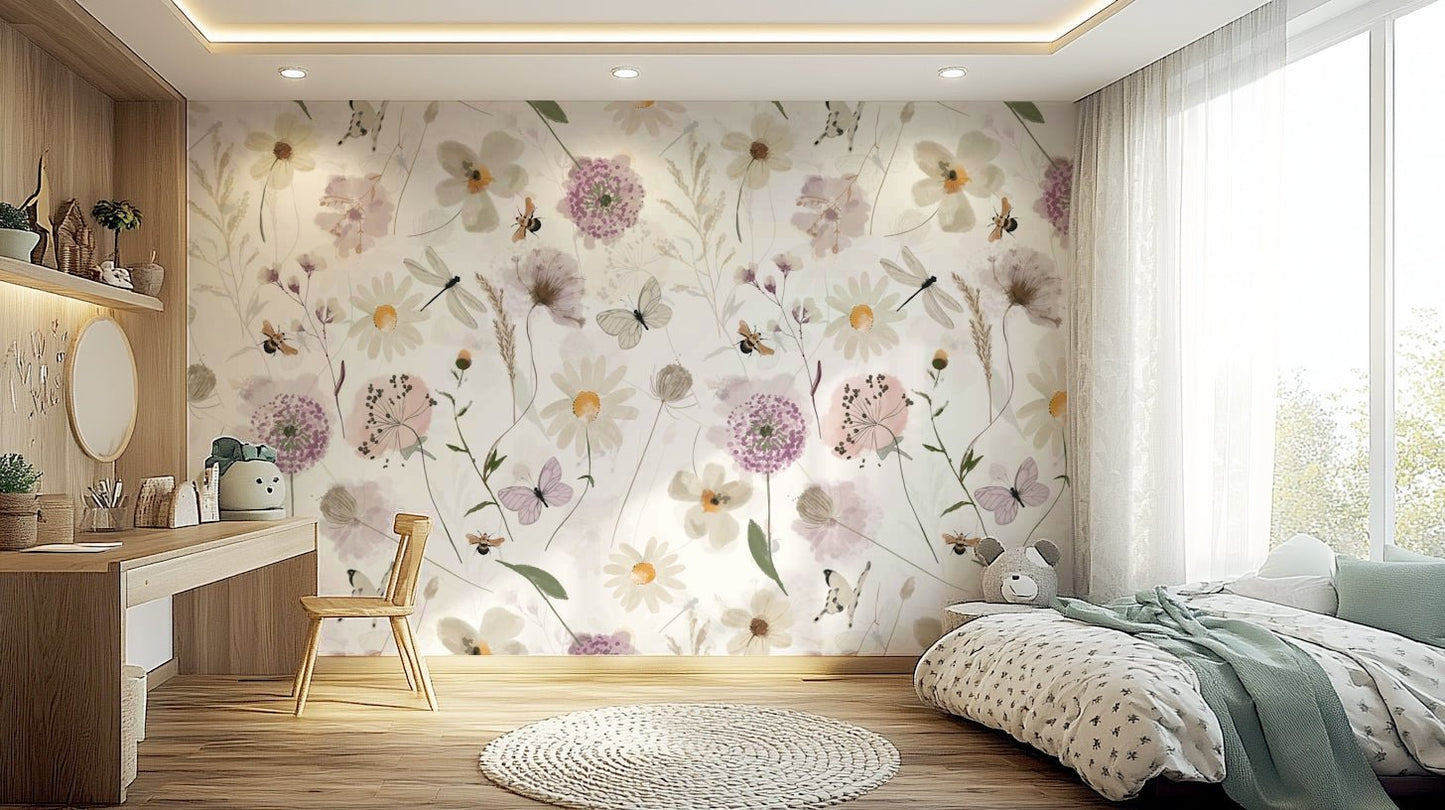 Scandinavian Watercolor Meadow Flowers with Bees and Butterflies Wall Mural