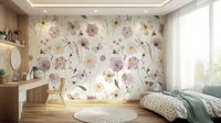 Scandinavian Watercolor Meadow Flowers with Bees and Butterflies Wall Mural