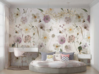 Scandinavian Watercolor Meadow Flowers with Bees and Butterflies Wall Mural