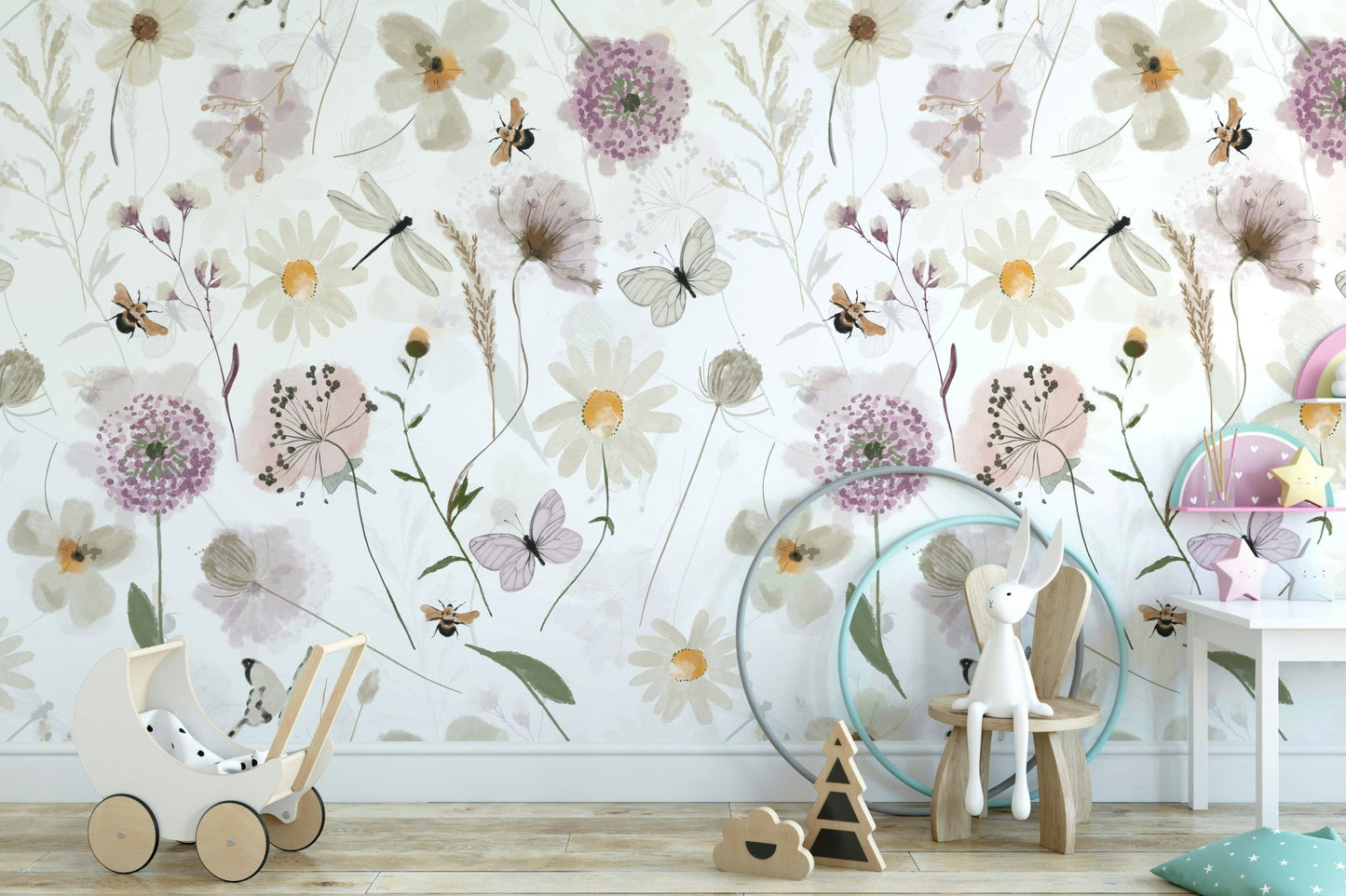 Scandinavian Watercolor Meadow Flowers with Bees and Butterflies Wall Mural