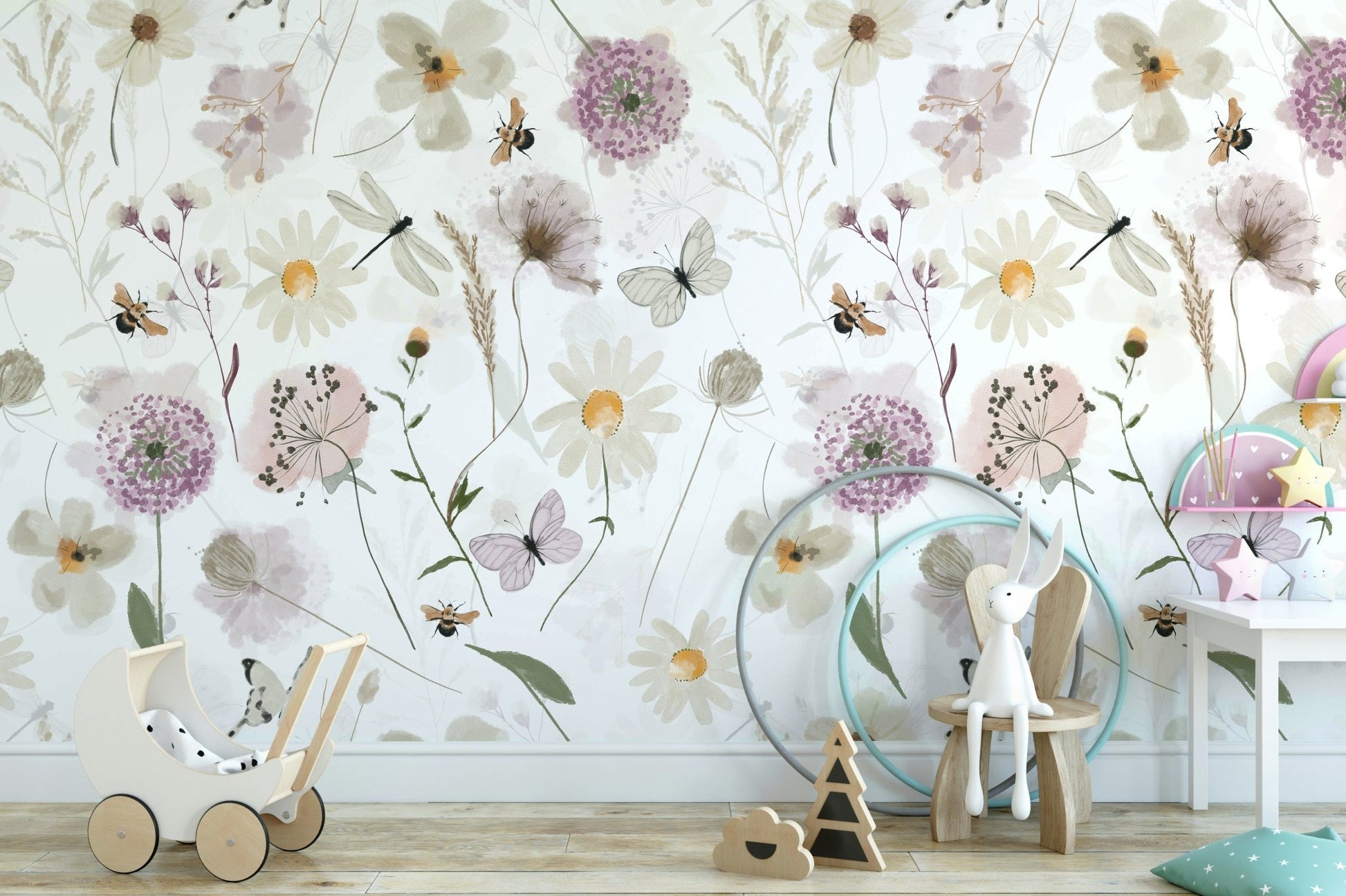 Scandinavian Watercolor Meadow Flowers with Bees and Butterflies Wall Mural