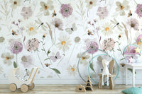 Scandinavian Watercolor Meadow Flowers with Bees and Butterflies Wall Mural