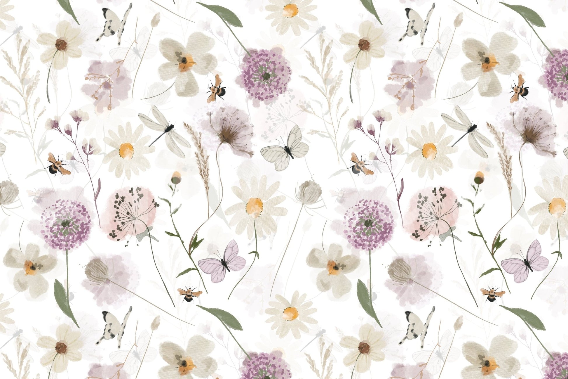 Scandinavian Watercolor Meadow Flowers with Bees and Butterflies Wall Mural