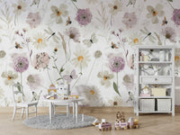 Scandinavian Watercolor Meadow Flowers with Bees and Butterflies Wall Mural