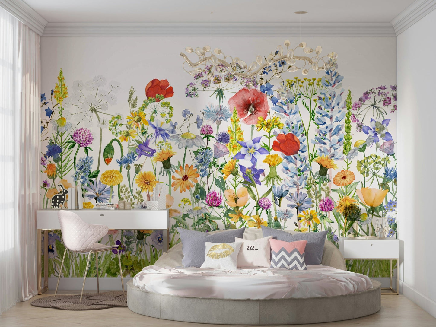 Scandinavian Watercolor Meadow Poppies with Colorful Wildflowers Wall Mural