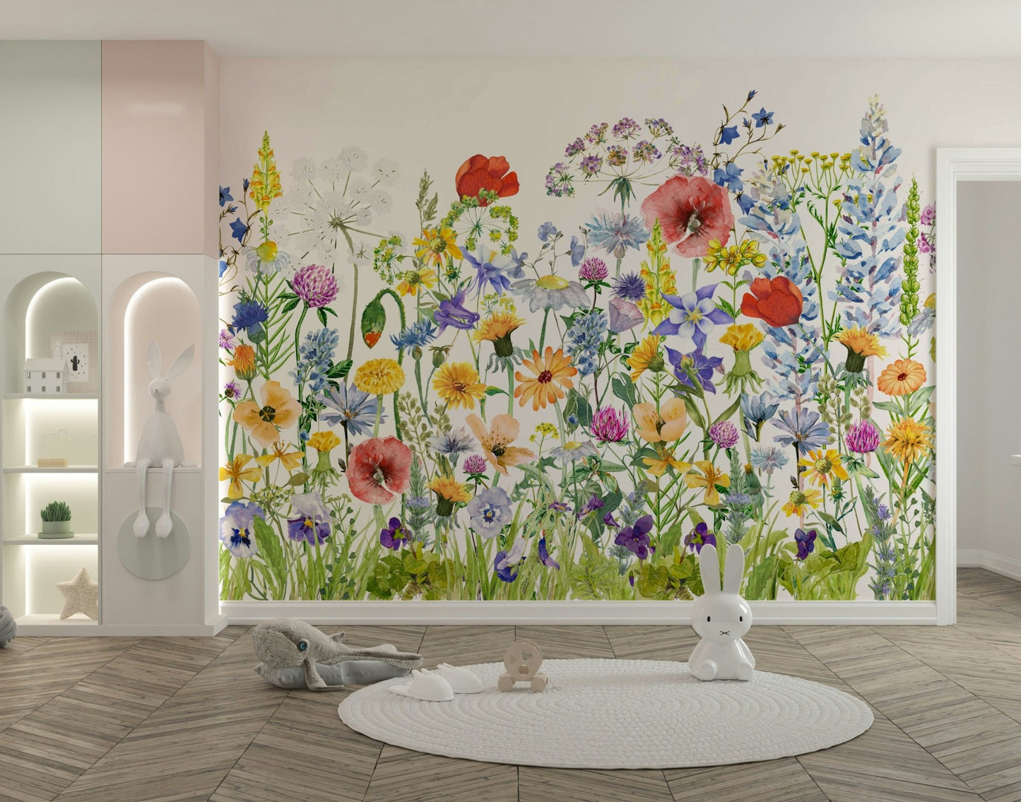 Scandinavian Watercolor Meadow Poppies with Colorful Wildflowers Wall Mural