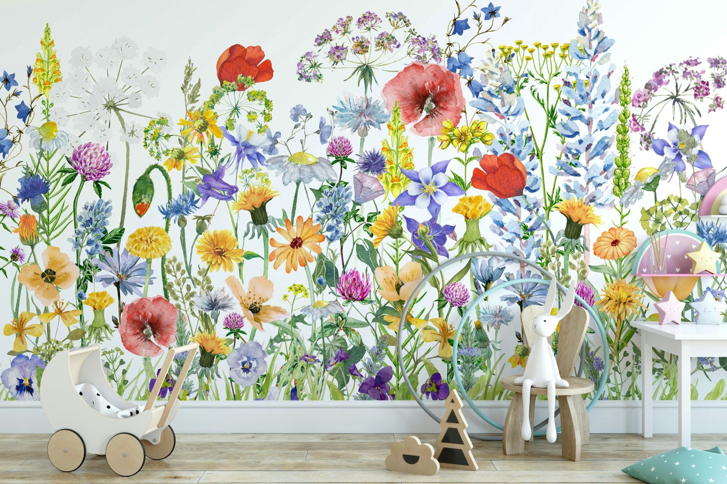 Scandinavian Watercolor Meadow Poppies with Colorful Wildflowers Wall Mural