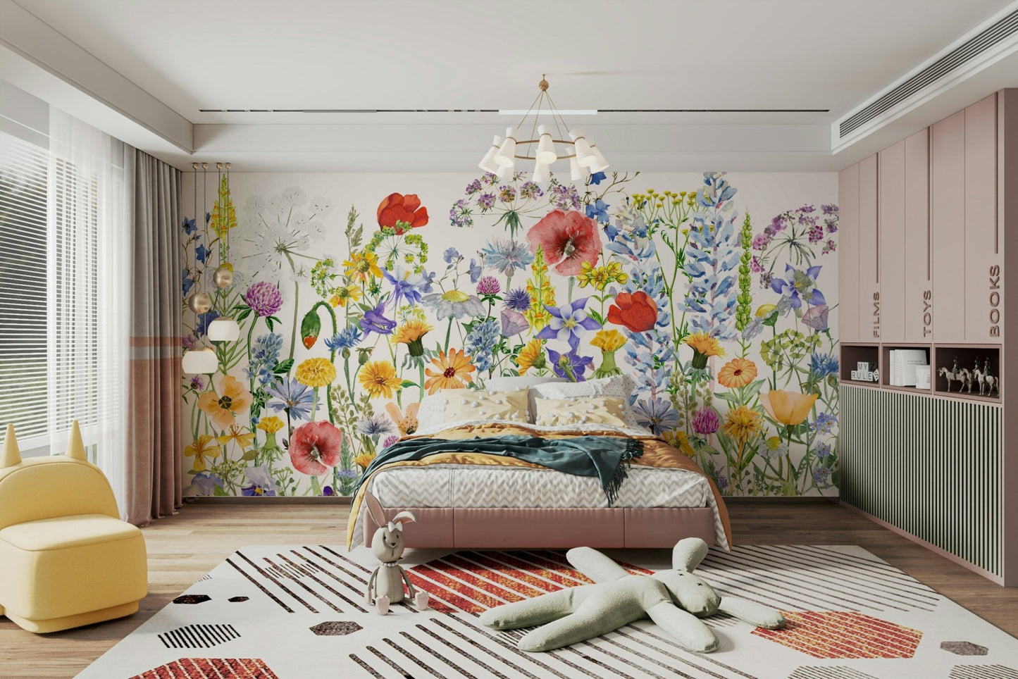 Scandinavian Watercolor Meadow Poppies with Colorful Wildflowers Wall Mural