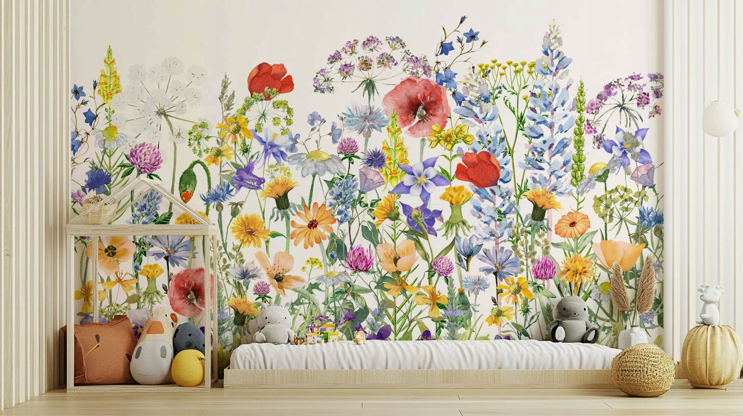 Scandinavian Watercolor Meadow Poppies with Colorful Wildflowers Wall Mural