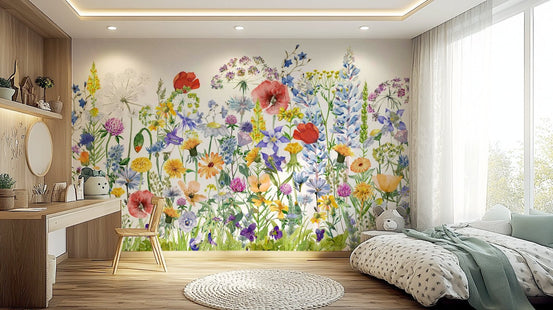 Scandinavian Watercolor Meadow Poppies with Colorful Wildflowers Wall Mural GD3971