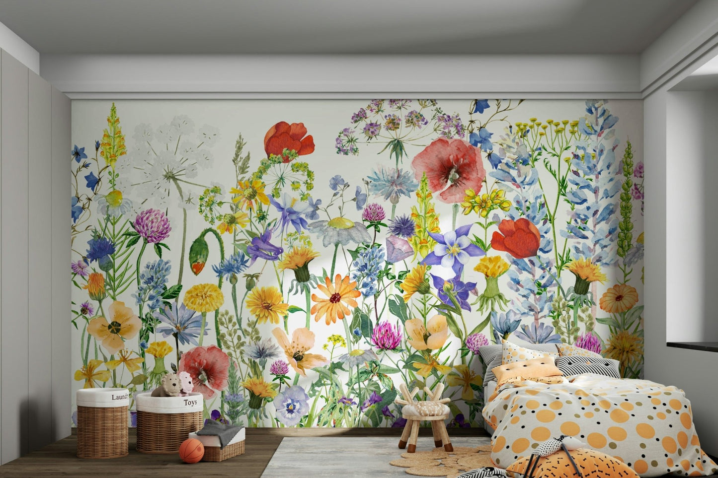 Scandinavian Watercolor Meadow Poppies with Colorful Wildflowers Wall Mural