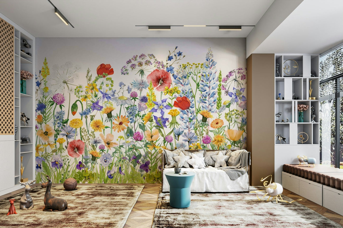 Scandinavian Watercolor Meadow Poppies with Colorful Wildflowers Wall Mural