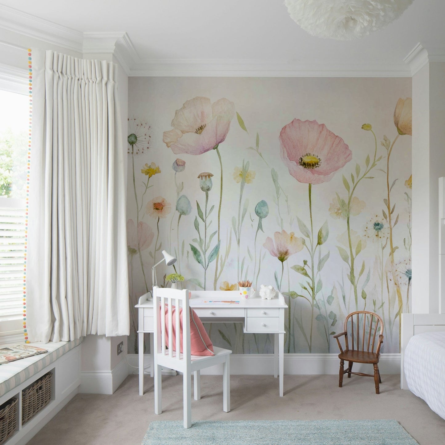Scandinavian Watercolor Meadow Poppies with Gentle Wildflowers Wall Mural