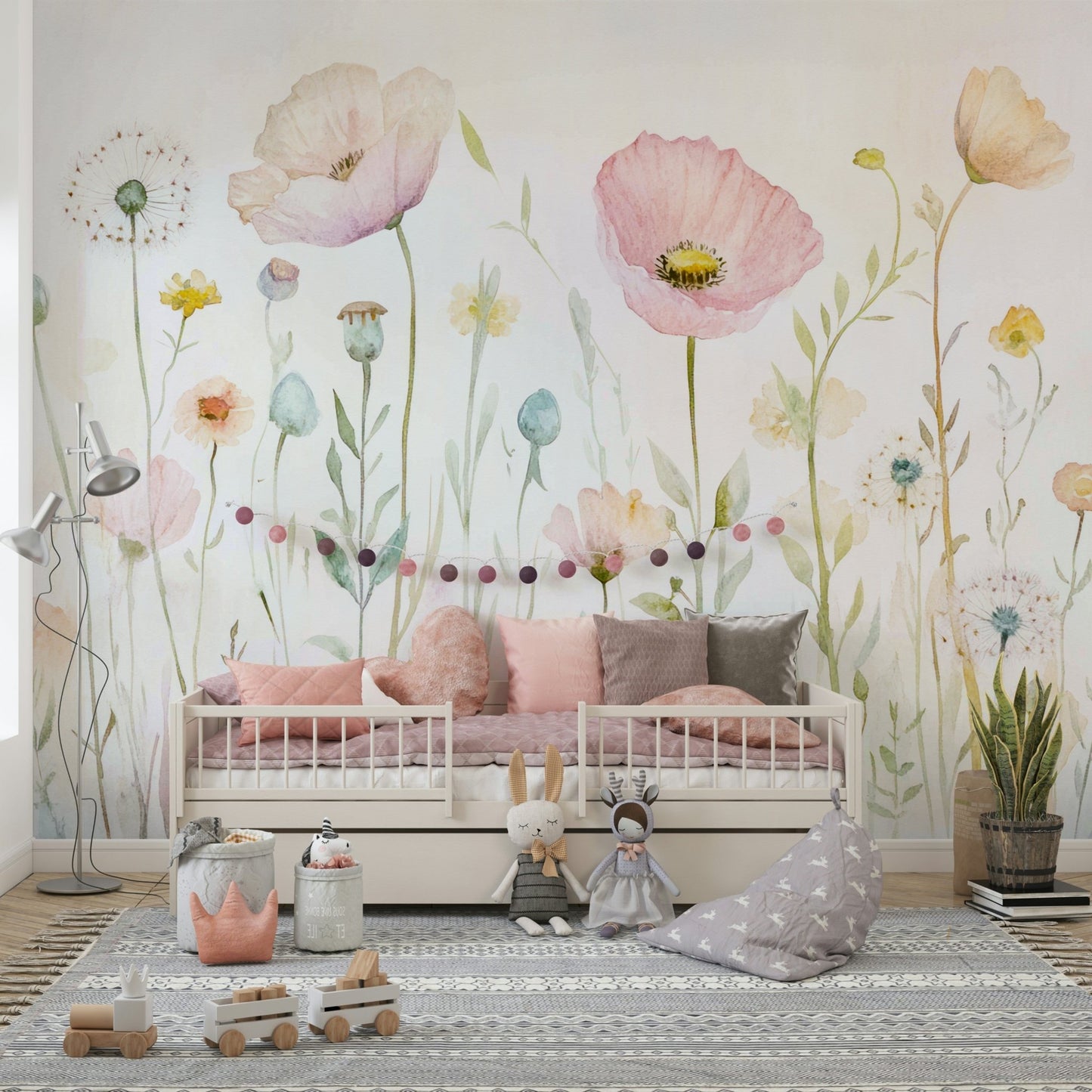 Scandinavian Watercolor Meadow Poppies with Gentle Wildflowers Wall Mural