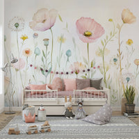 Scandinavian Watercolor Meadow Poppies with Gentle Wildflowers Wall Mural