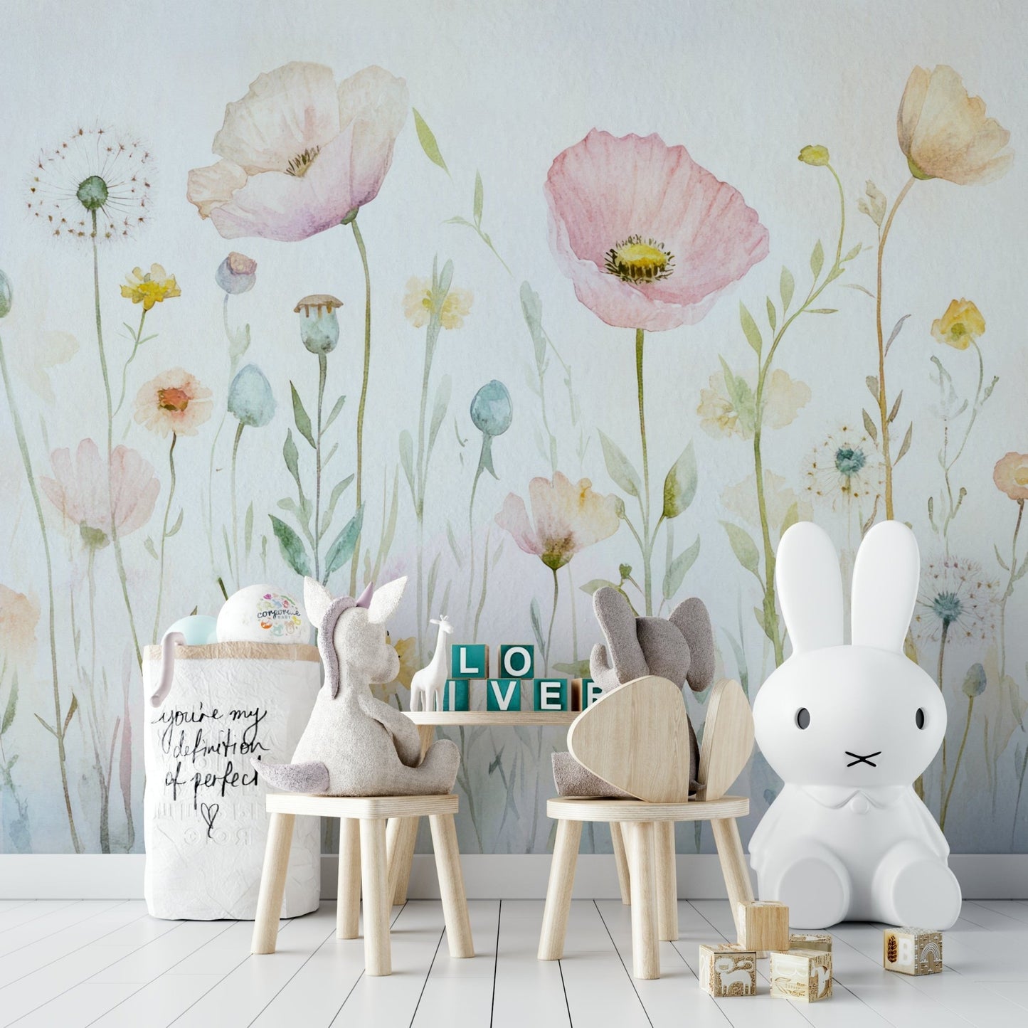 Scandinavian Watercolor Meadow Poppies with Gentle Wildflowers Wall Mural