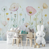 Scandinavian Watercolor Meadow Poppies with Gentle Wildflowers Wall Mural