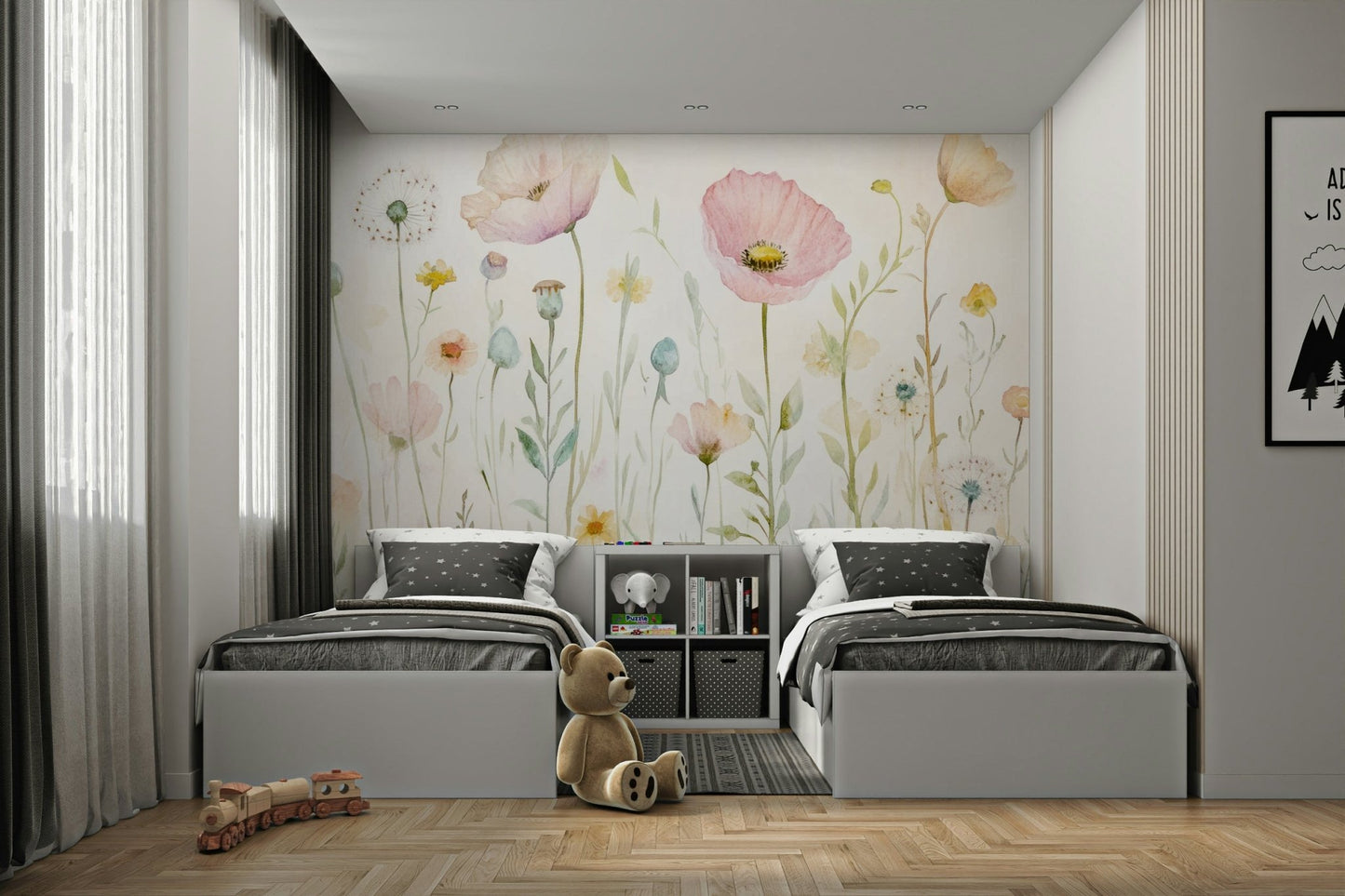 Scandinavian Watercolor Meadow Poppies with Gentle Wildflowers Wall Mural