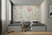 Scandinavian Watercolor Meadow Poppies with Gentle Wildflowers Wall Mural