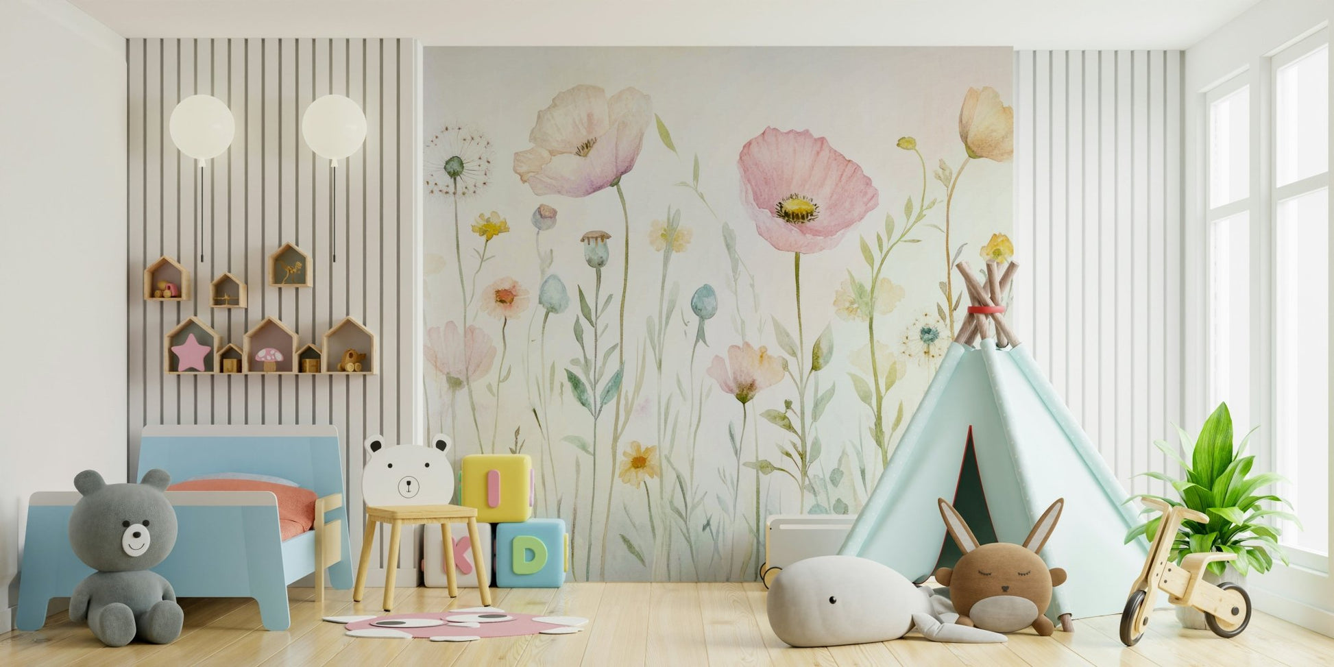 Scandinavian Watercolor Meadow Poppies with Gentle Wildflowers Wall Mural