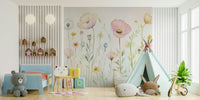Scandinavian Watercolor Meadow Poppies with Gentle Wildflowers Wall Mural