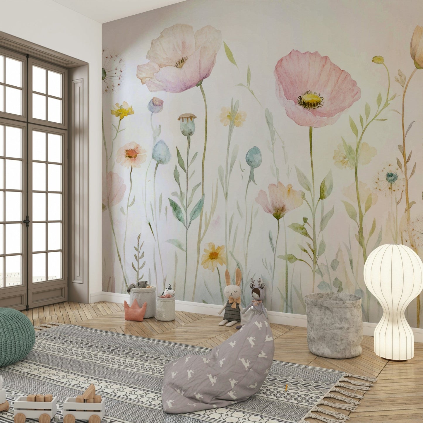 Scandinavian Watercolor Meadow Poppies with Gentle Wildflowers Wall Mural