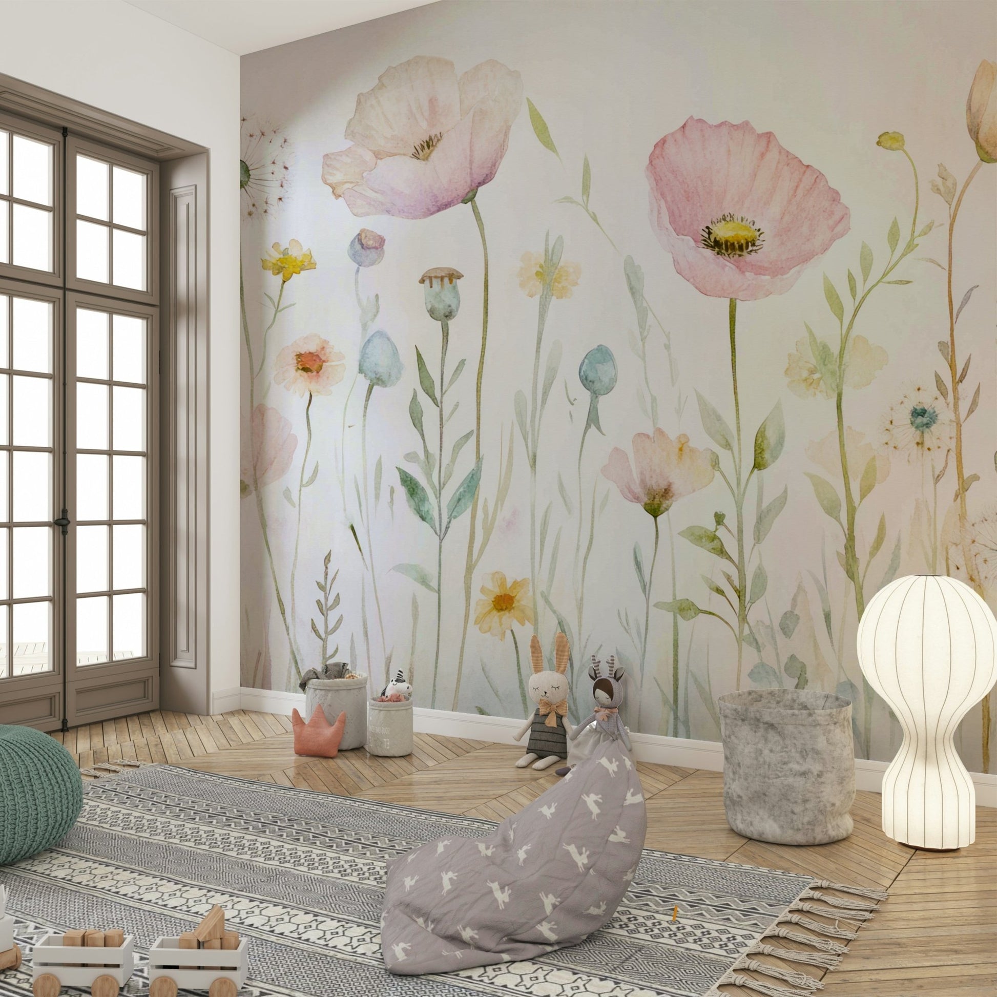 Scandinavian Watercolor Meadow Poppies with Gentle Wildflowers Wall Mural