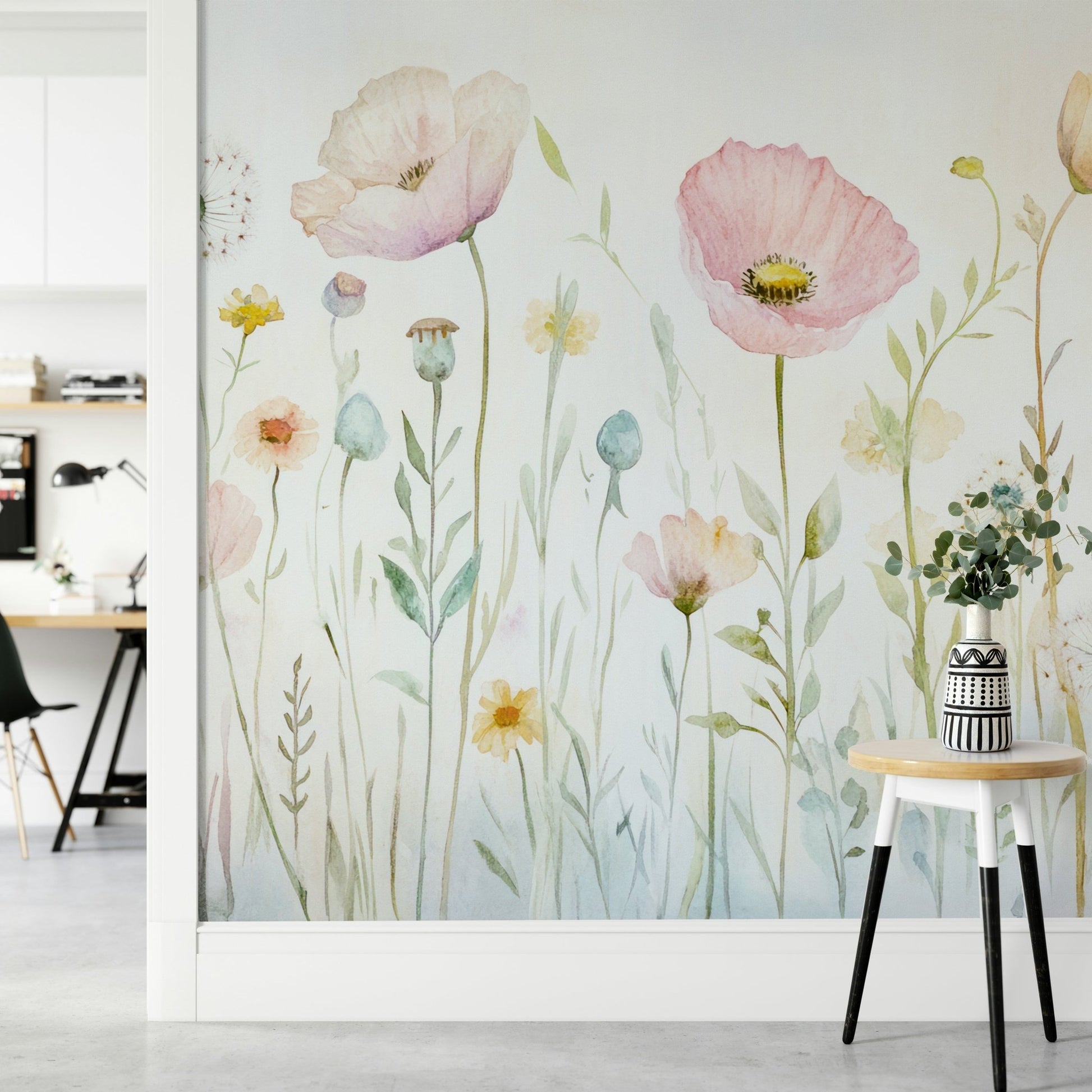 Scandinavian Watercolor Meadow Poppies with Gentle Wildflowers Wall Mural