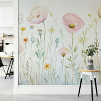 Scandinavian Watercolor Meadow Poppies with Gentle Wildflowers Wall Mural