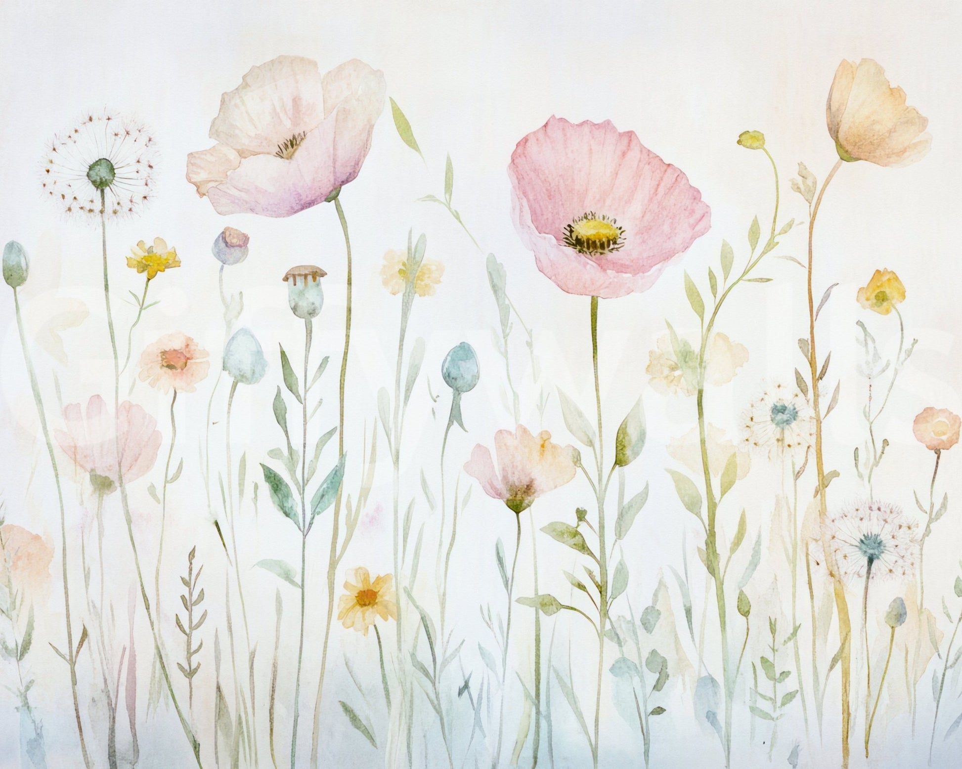 Scandinavian Watercolor Meadow Poppies with Gentle Wildflowers Wall Mural