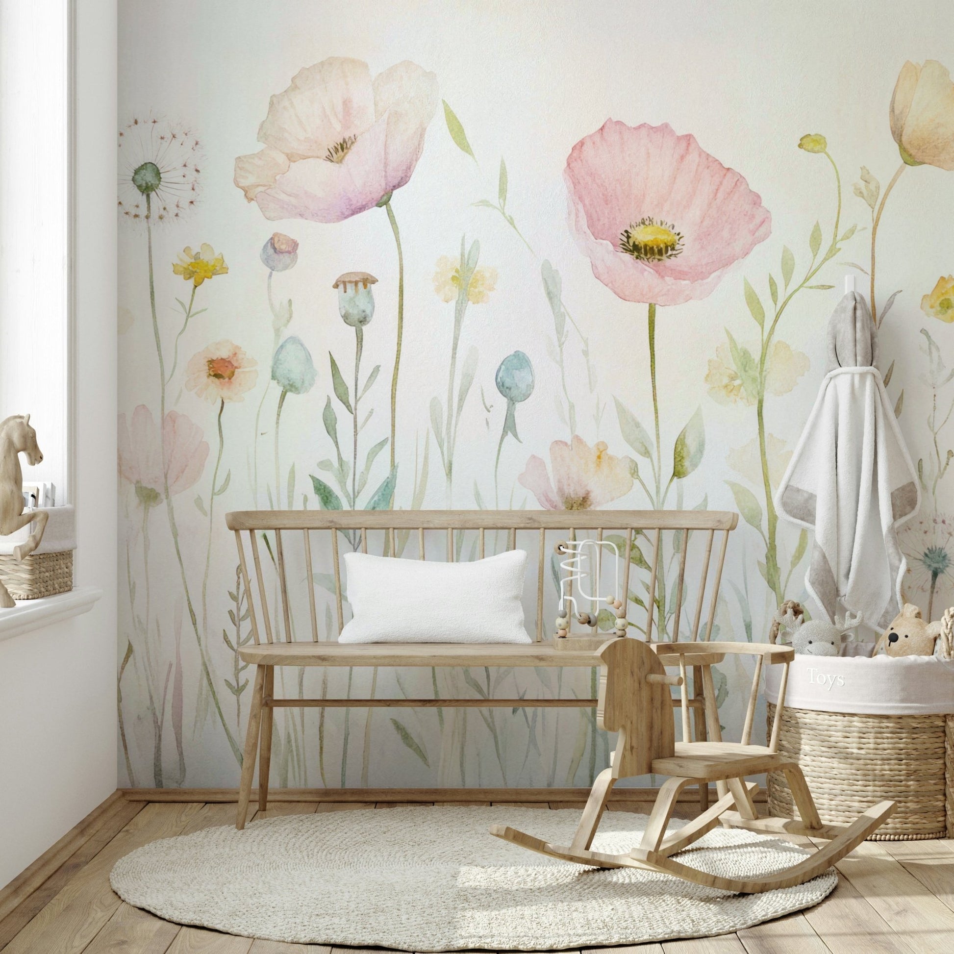Scandinavian Watercolor Meadow Poppies with Gentle Wildflowers Wall Mural