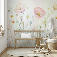 Scandinavian Watercolor Meadow Poppies with Gentle Wildflowers Wall Mural