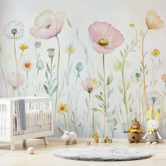 Scandinavian Watercolor Meadow Poppies with Gentle Wildflowers Wall Mural GD3970