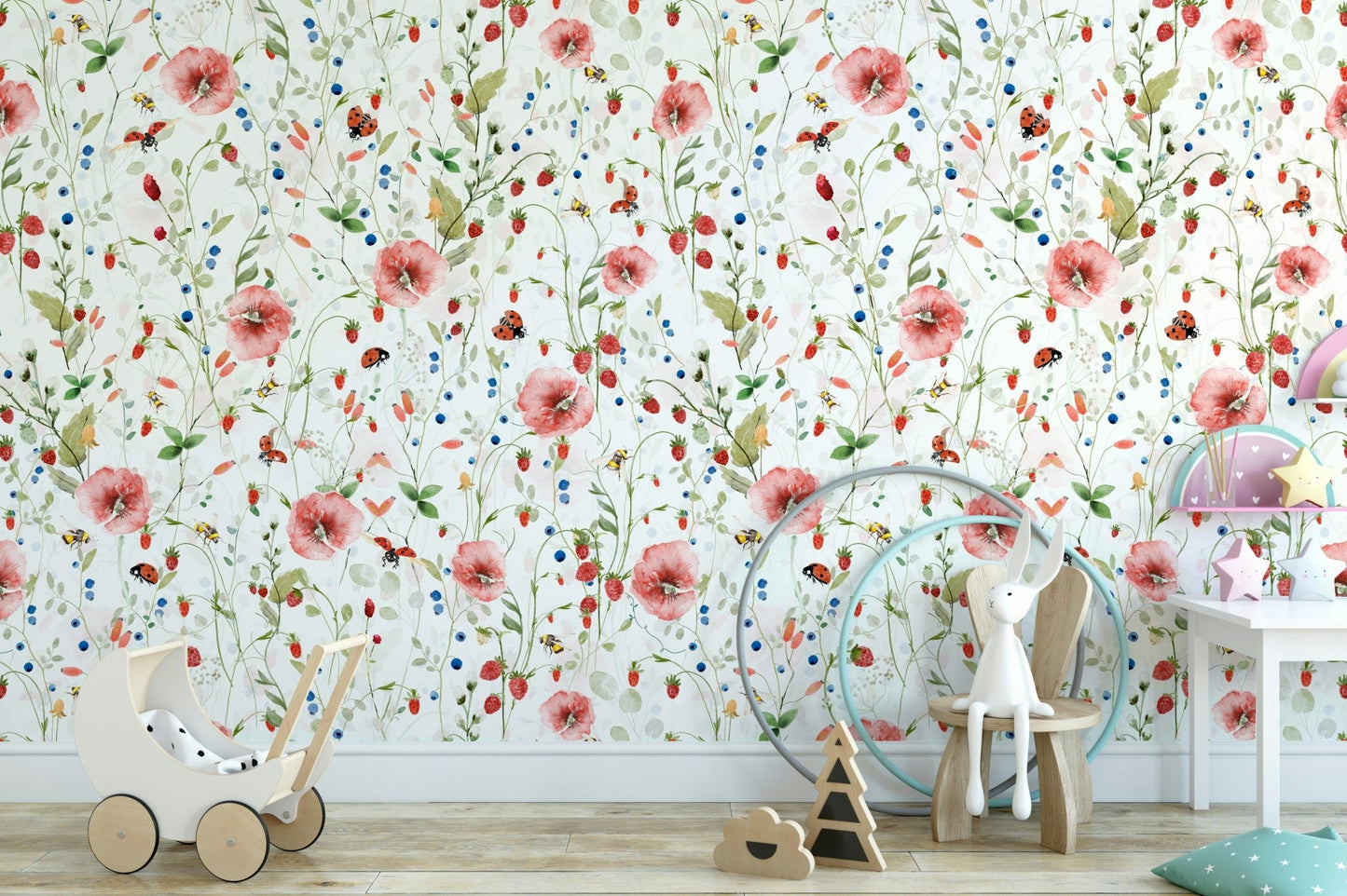 Scandinavian Watercolor Poppies Strawberries and Wild Berries Wall Mural