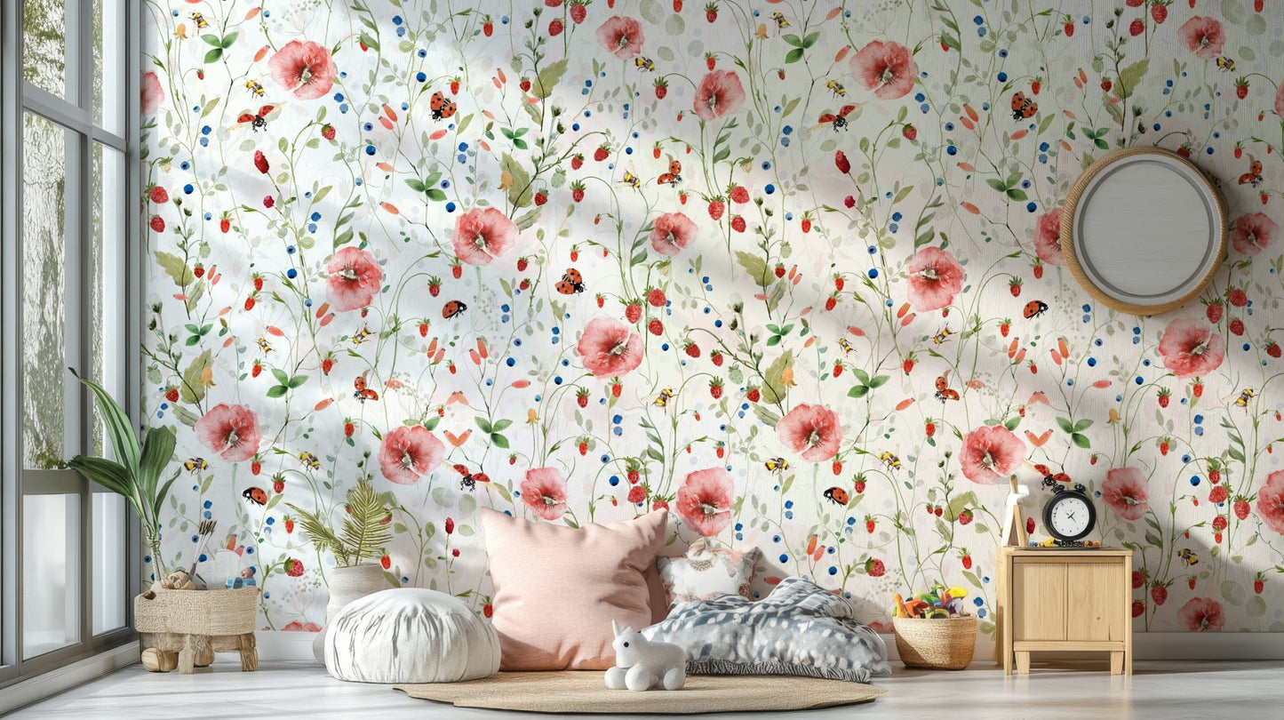 Scandinavian Watercolor Poppies Strawberries and Wild Berries Wall Mural