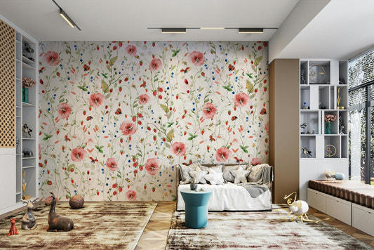 Scandinavian Watercolor Poppies Strawberries and Wild Berries Wall Mural