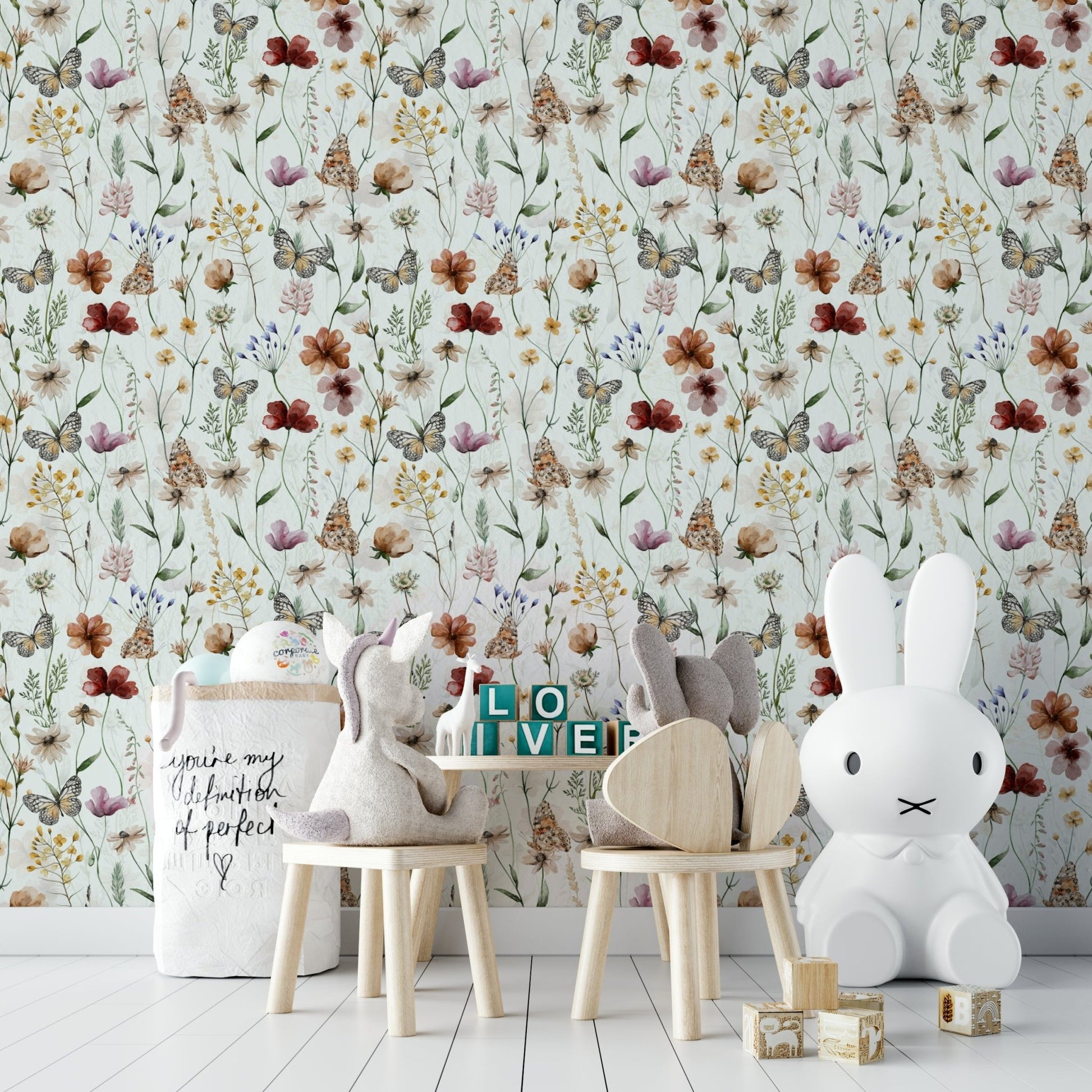 Scandinavian Watercolor Wildflower Meadow with Butterflies Wallpaper⁠ GD3972