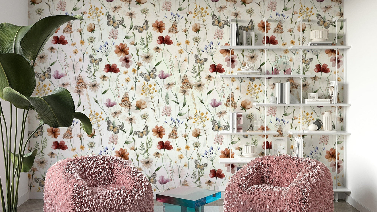 Scandinavian Watercolor Wildflower Meadow with Butterflies Wallpaper⁠