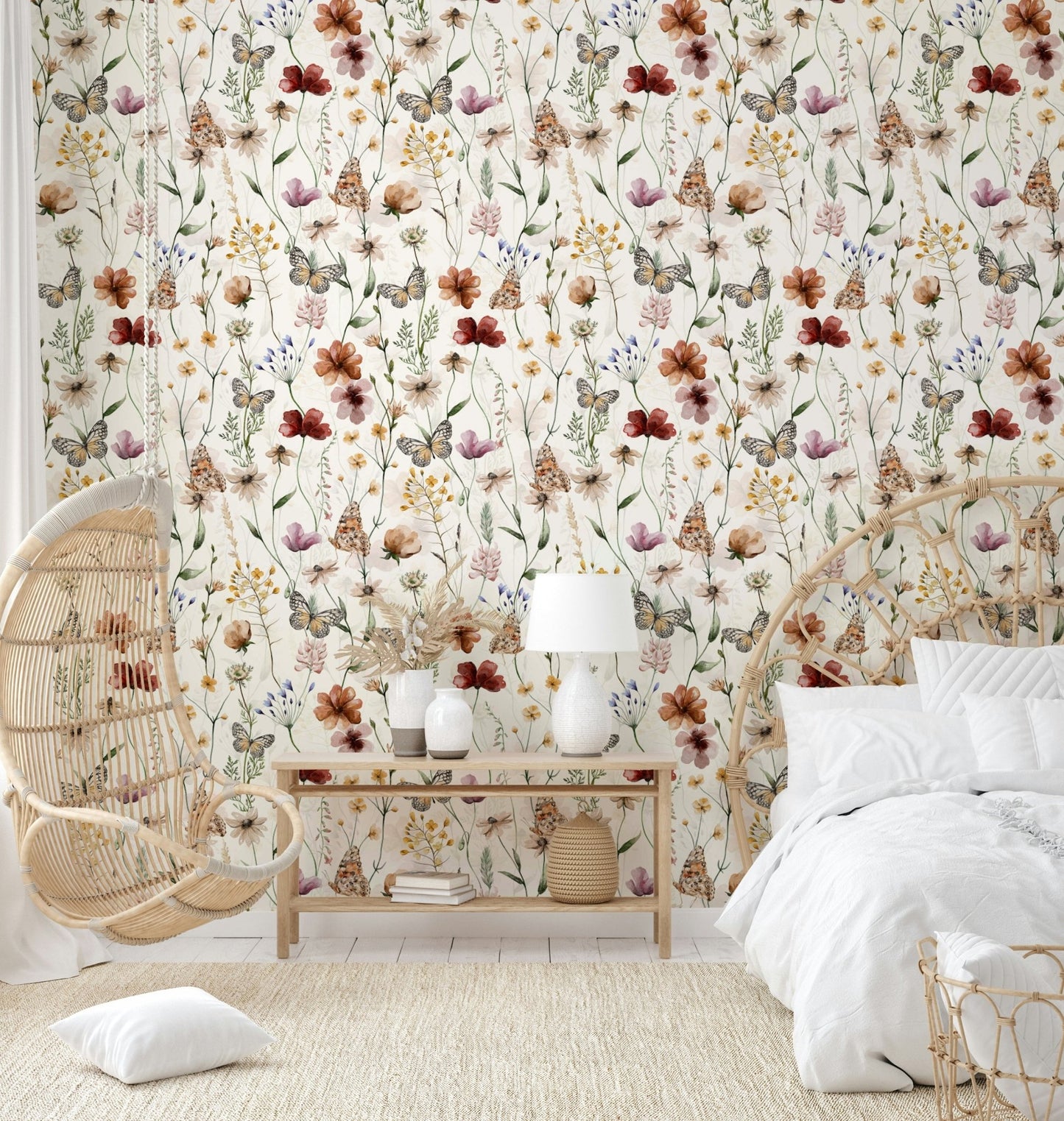 Scandinavian Watercolor Wildflower Meadow with Butterflies Wallpaper⁠ GD3972