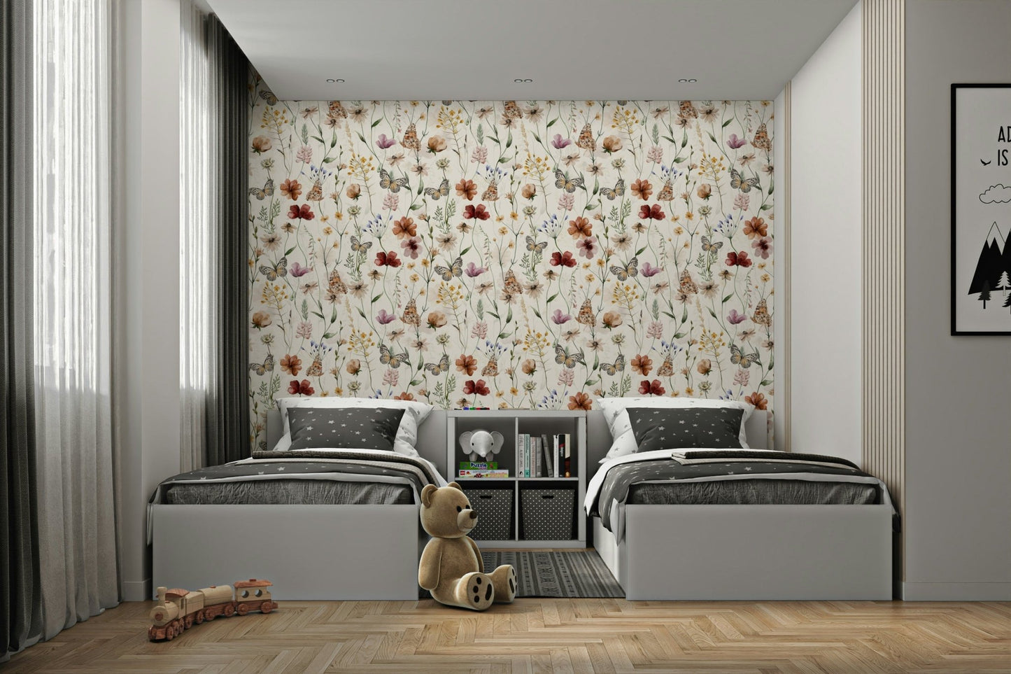 Scandinavian Watercolor Wildflower Meadow with Butterflies Wallpaper⁠ GD3972