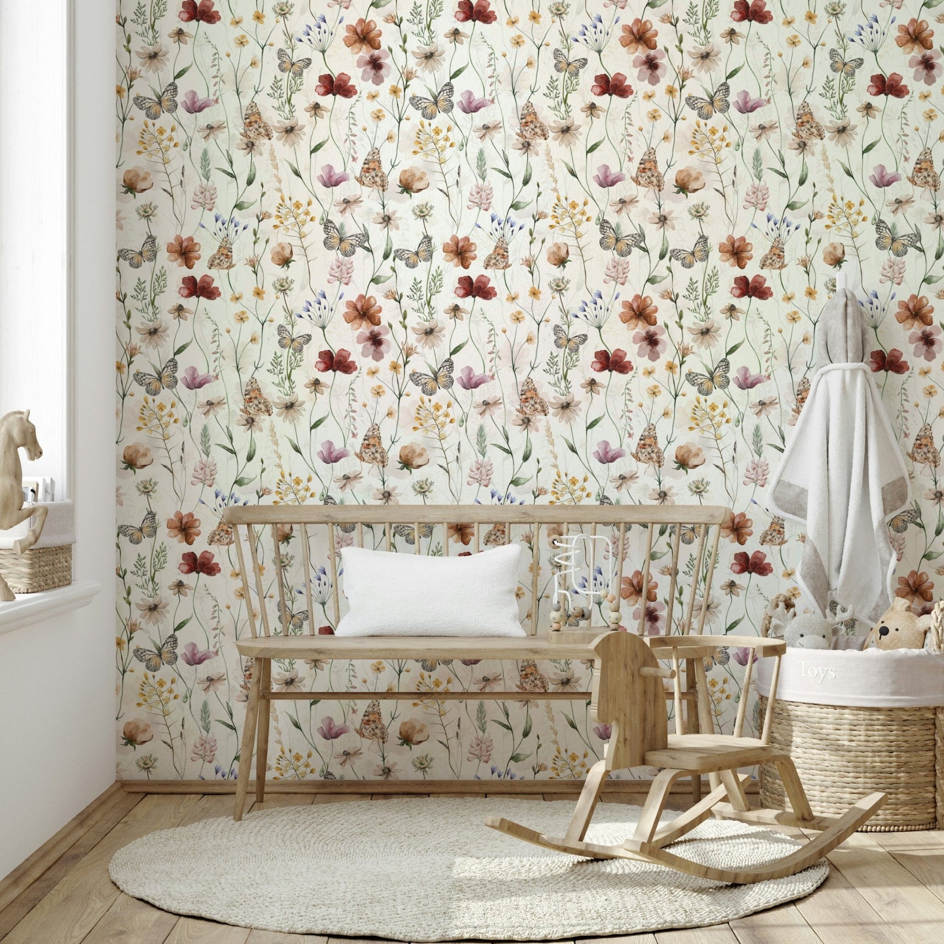Scandinavian Watercolor Wildflower Meadow with Butterflies Wallpaper⁠ GD3972